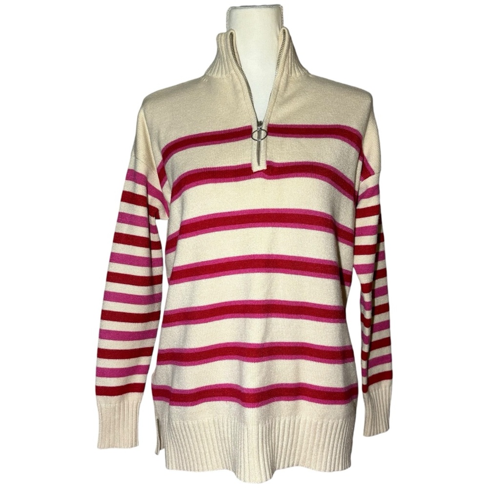 Loft Women's Small Stripe Zipped Neck Sweater Long Sleeves Tunic Tango‎ Red
